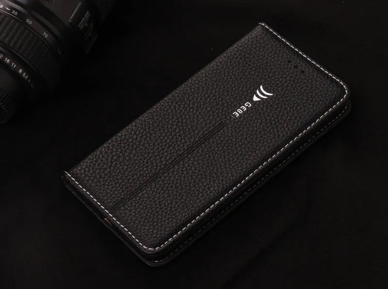 Imported PU leather wallet case for iPhone in black, blue, brown, khaki, or pink with card slot.