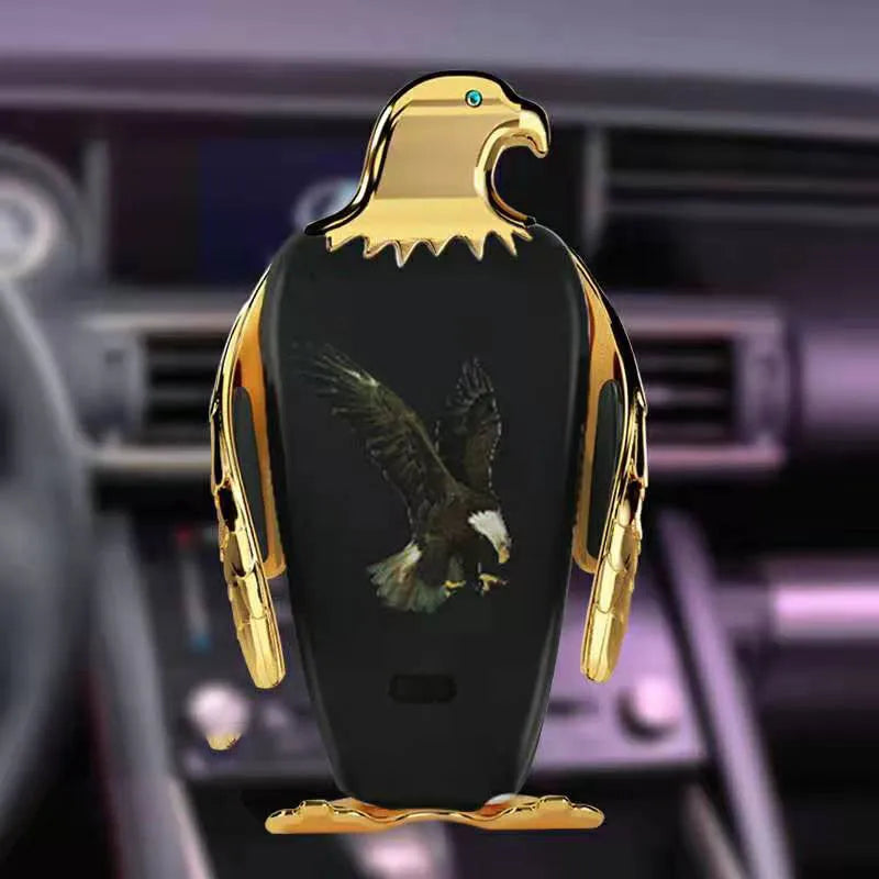 Car phone holder with wireless charging pad and Eagle design on a car dashboard.