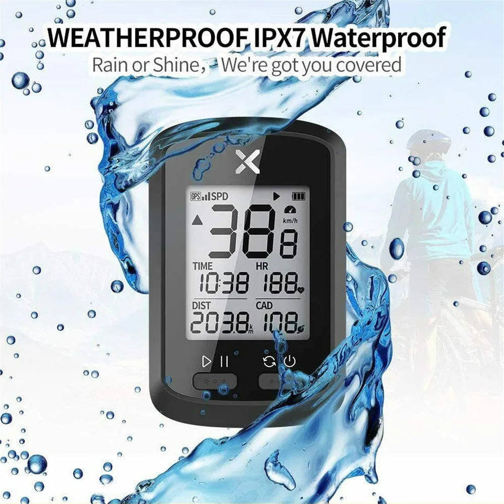 Black waterproof plastic sports stopwatch with a wrist strap for cycling and running.