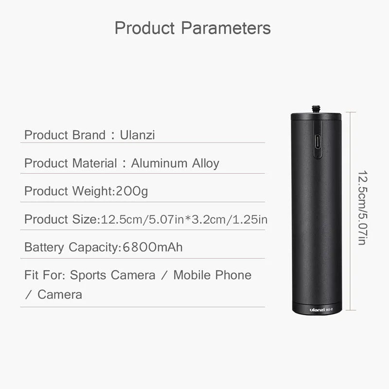 Black aluminium alloy power bank handle with 6800mAh capacity measuring 12.5cm long