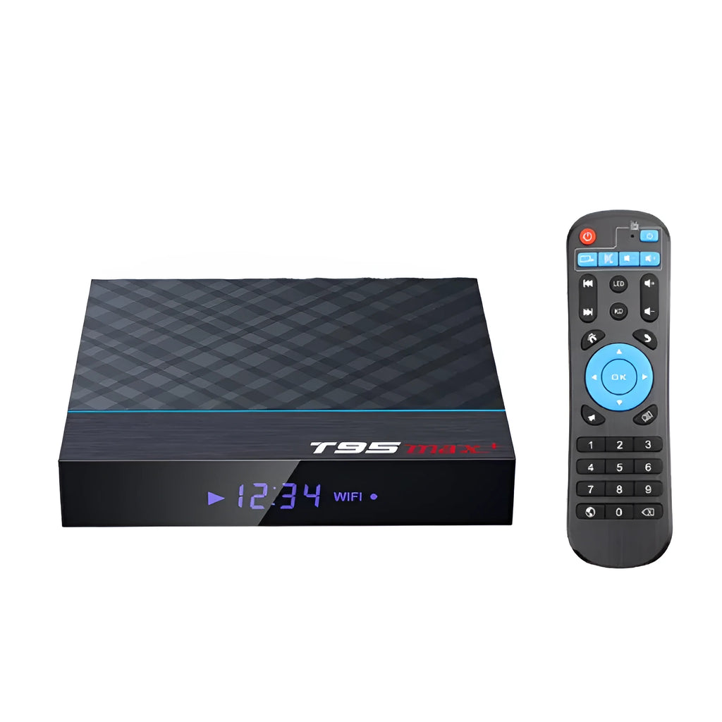 Black T95 Max Plus Android TV Box with remote, showing choice of US, EU, and UK power plugs.