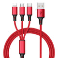 Braided 3-in-1 universal USB charging cable with aluminium connectors in multiple colours