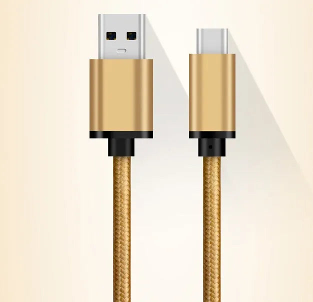 USB Type-C charging cable with metal connectors and braided mesh sheath, shown in silver finish.