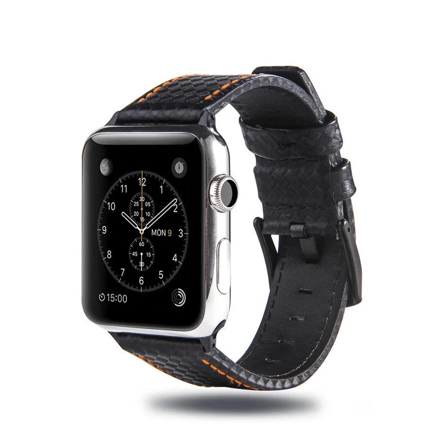Carbon fibre patterned leather iPhone strap with matching PC hard shell case in red, black, orange, and blue.