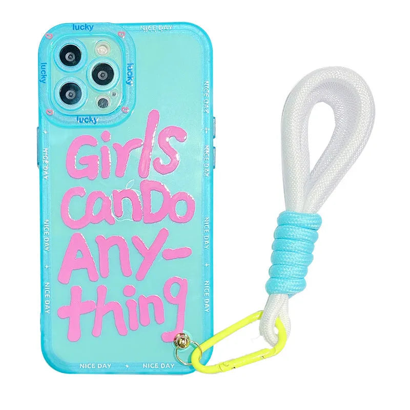 Graffiti art lanyard phone case for Apple iPhone with detachable strap in mint green colour