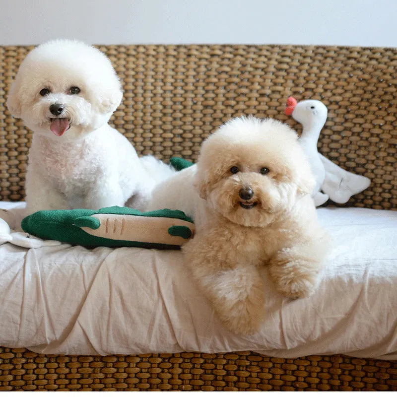 Green soft plush toy dog stuffed animal measuring 35cm long on a white background.