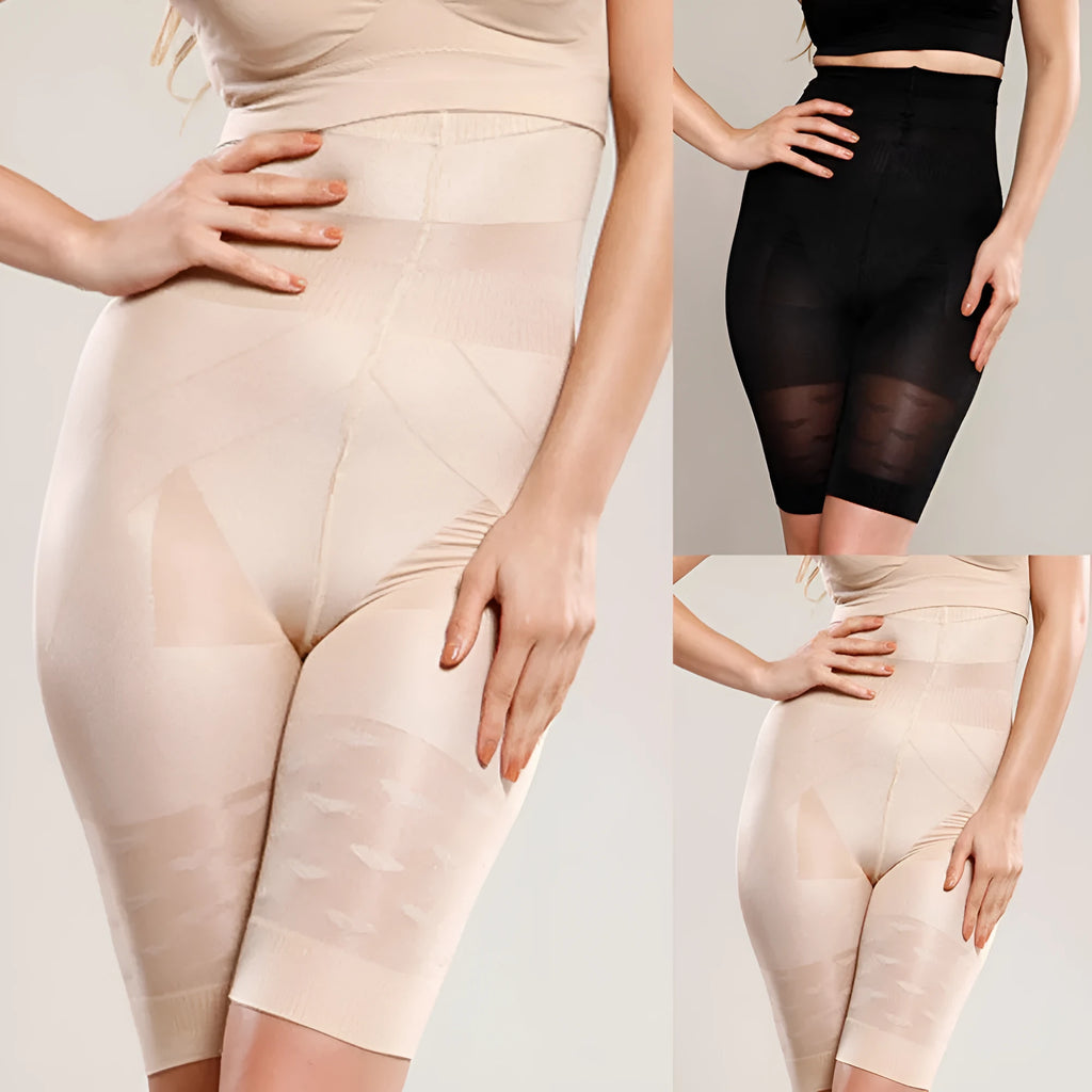 Women's black seamless high waist shapewear shorts for tummy control laid flat.
