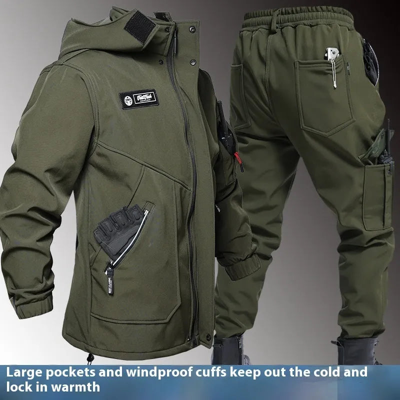 Fleece-lined waterproof jacket suit with shell jacket and pants, black army green grey khaki, sizes 165-190.