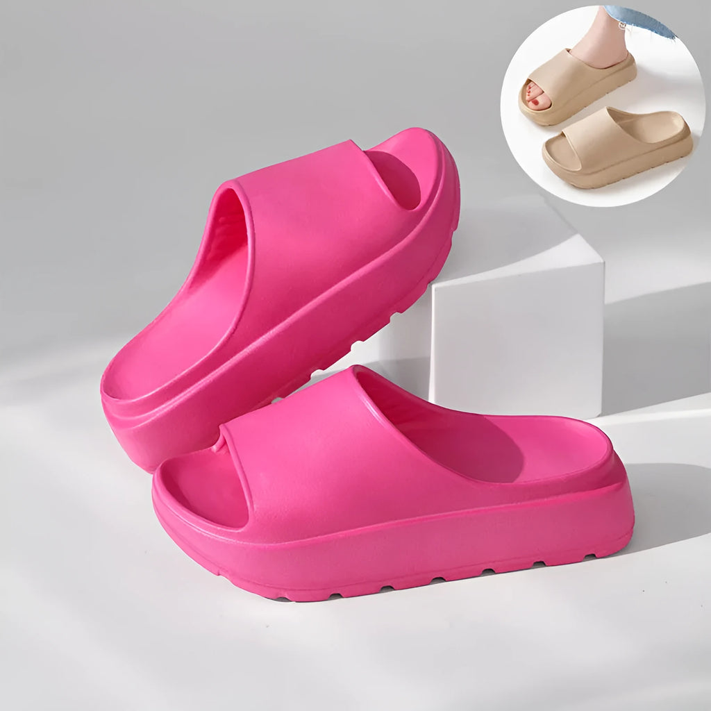 Women's thick sole beach slippers with fish mouth design in beige, black, khaki or rose red colours