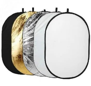 5-in-1 collapsible photography reflector with gold, silver, white, black and translucent surfaces