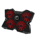 Blue PC cooling fan base with four LED-lit fans, speed switches, and USB ports on a desk.