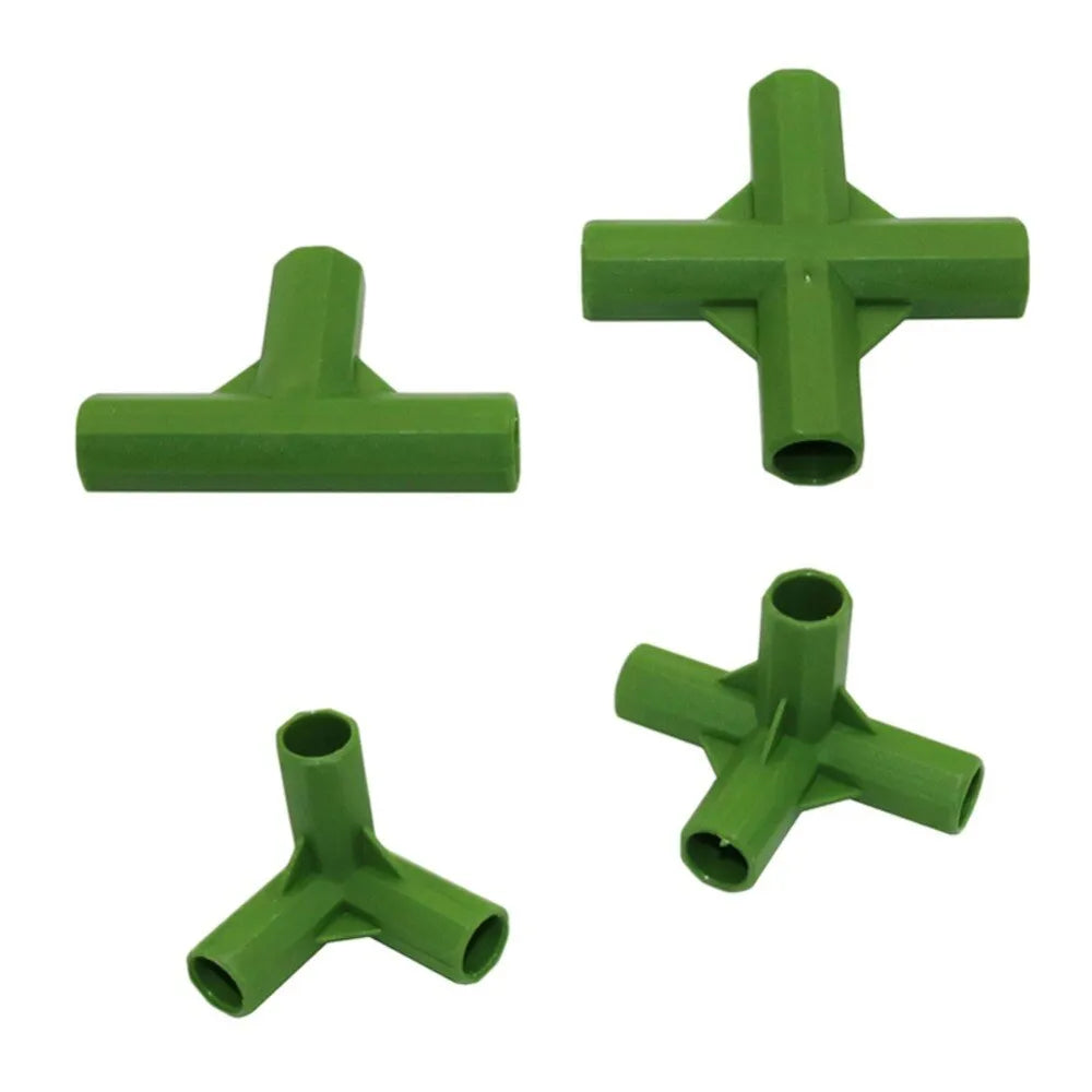 White PP plastic 3-way and 4-way garden plant support connectors for 11mm stakes.