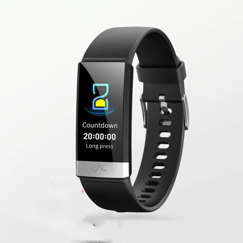 V19 smart bracelet in black showing display with health metrics, featuring TPU strap and ECG PPG SpO2 sensor