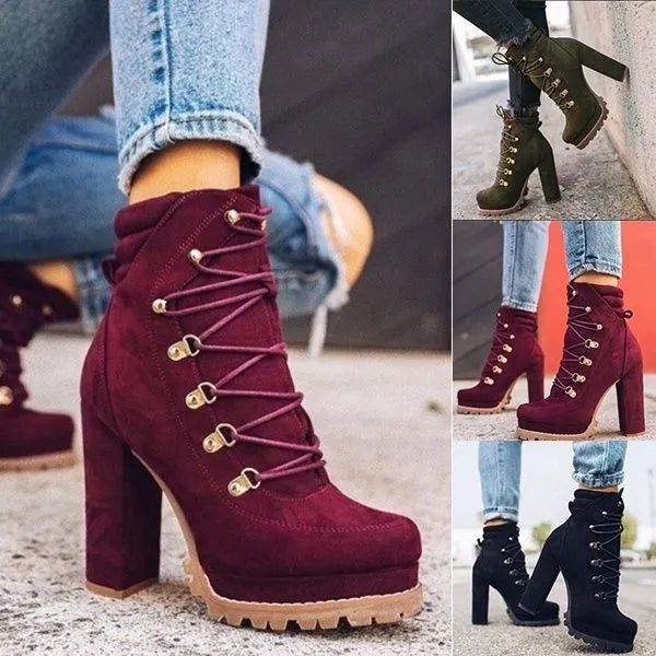 Women's suede high heel ankle boots in army green with a thick heel, round toe, and buckle detail.