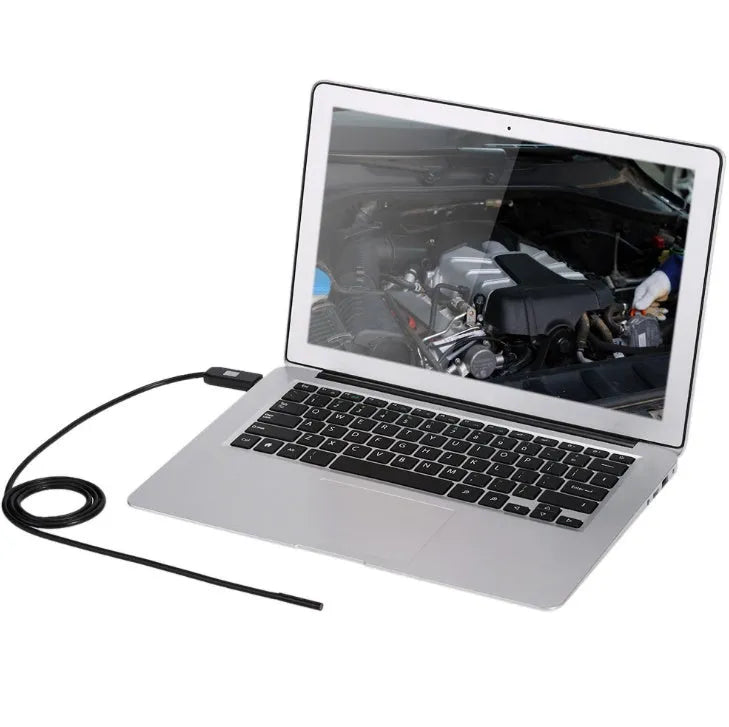 OWSOO USB endoscope camera with 7mm lens, 5m cable, magnet, hook and side audition tools on a white background.