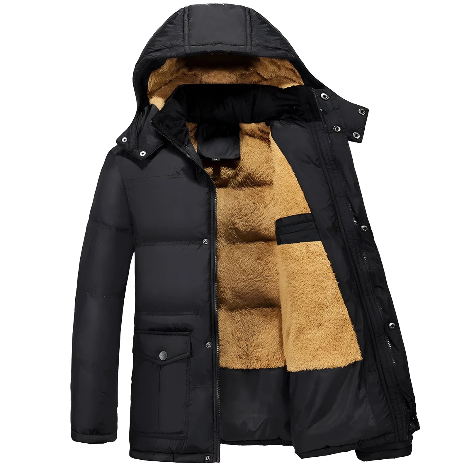 Men's black hooded double-breasted winter padded jacket with velvet lining on a size chart background