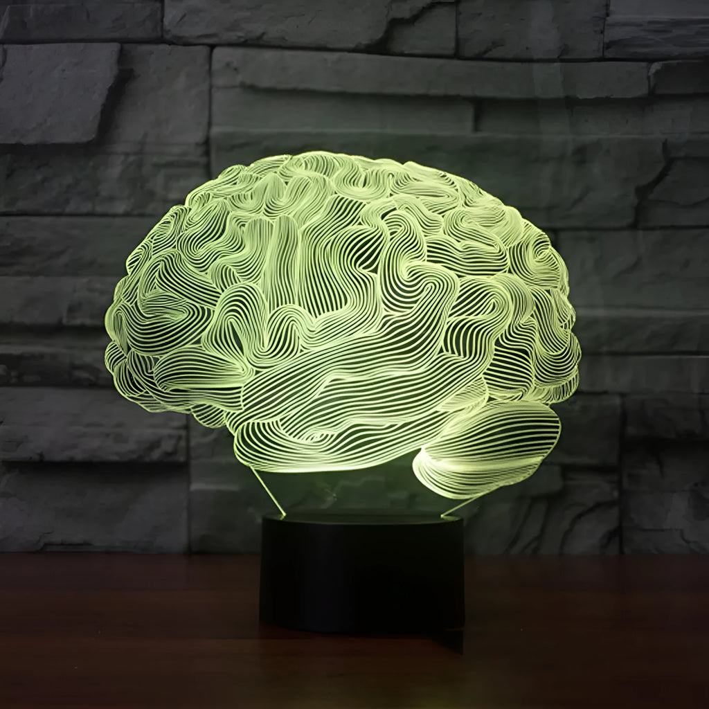 3D brain design acrylic illusion lamp with LED lights on a black ABS base, showing colourful light projection.