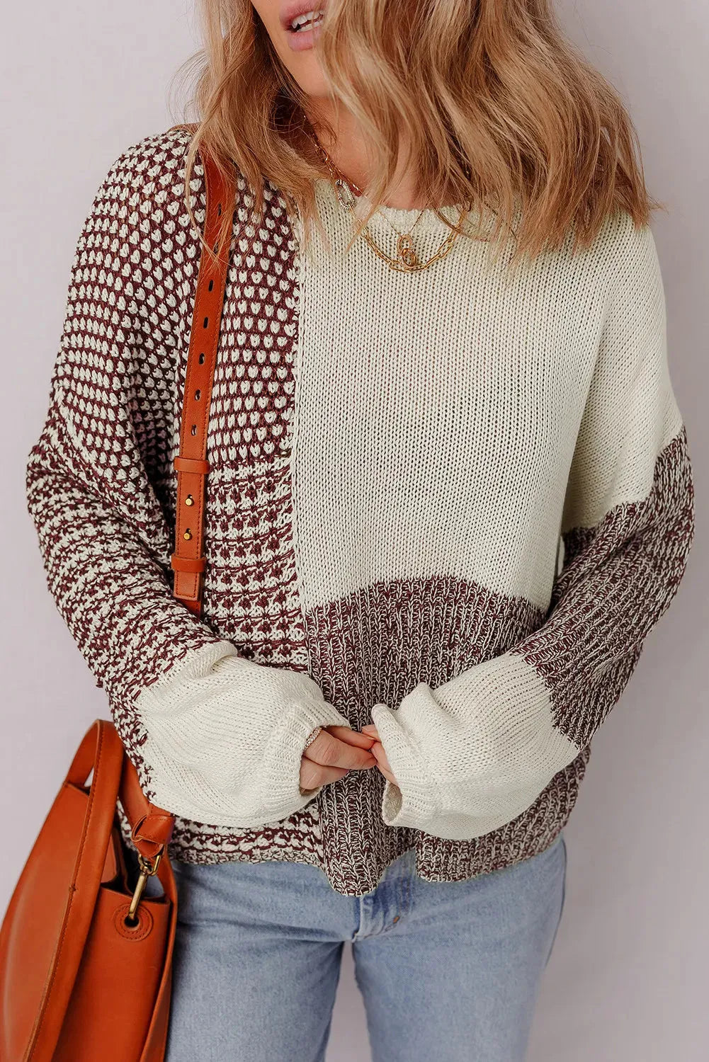Dark khaki colour block loose sweater with back tie detail and drop shoulder design