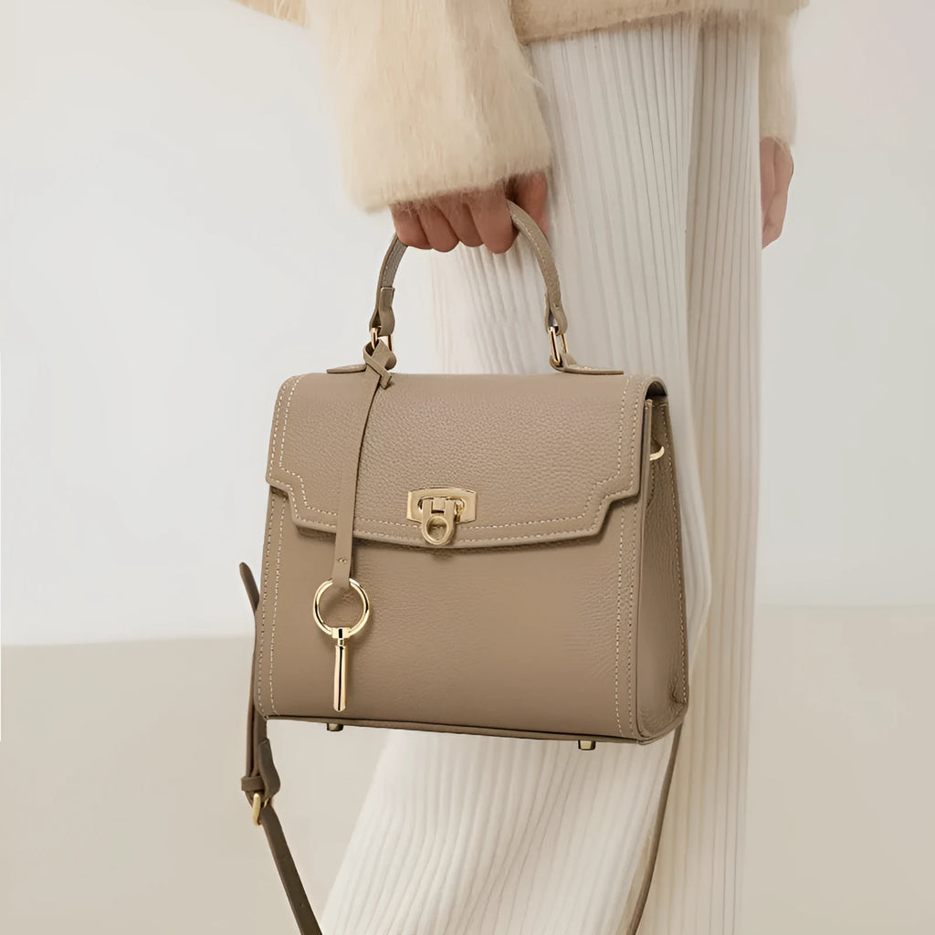Elephant grey genuine leather crossbody handbag with vintage lock and litchi pattern texture
