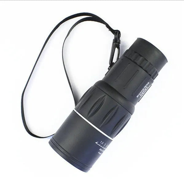 Black 16x52 high power monocular telescope with wide-angle lens and eyepiece focus adjustment.