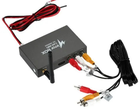 Black car mirror link box Wi-Fi converter with power cable, AV cable, antenna, and user manual for screen mirroring.