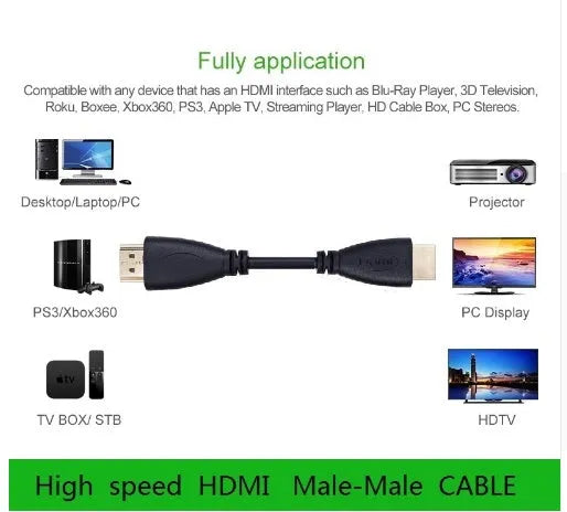 Gold-plated male-to-male HDMI cable shown in multiple available lengths.