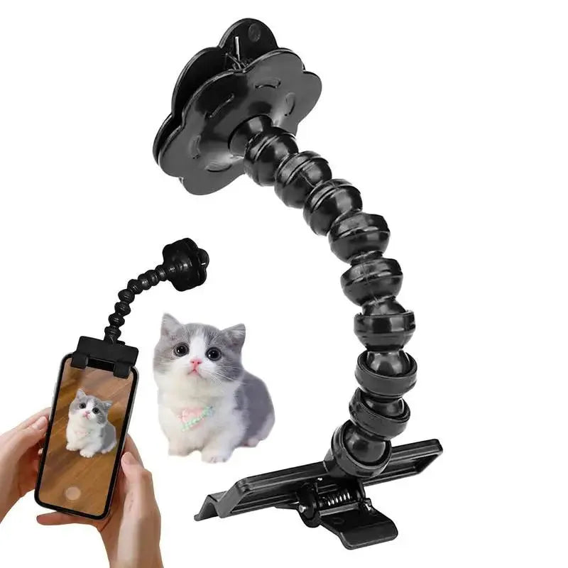Black pet photography mobile phone holder with snack clip for attracting cat and dog attention during photos
