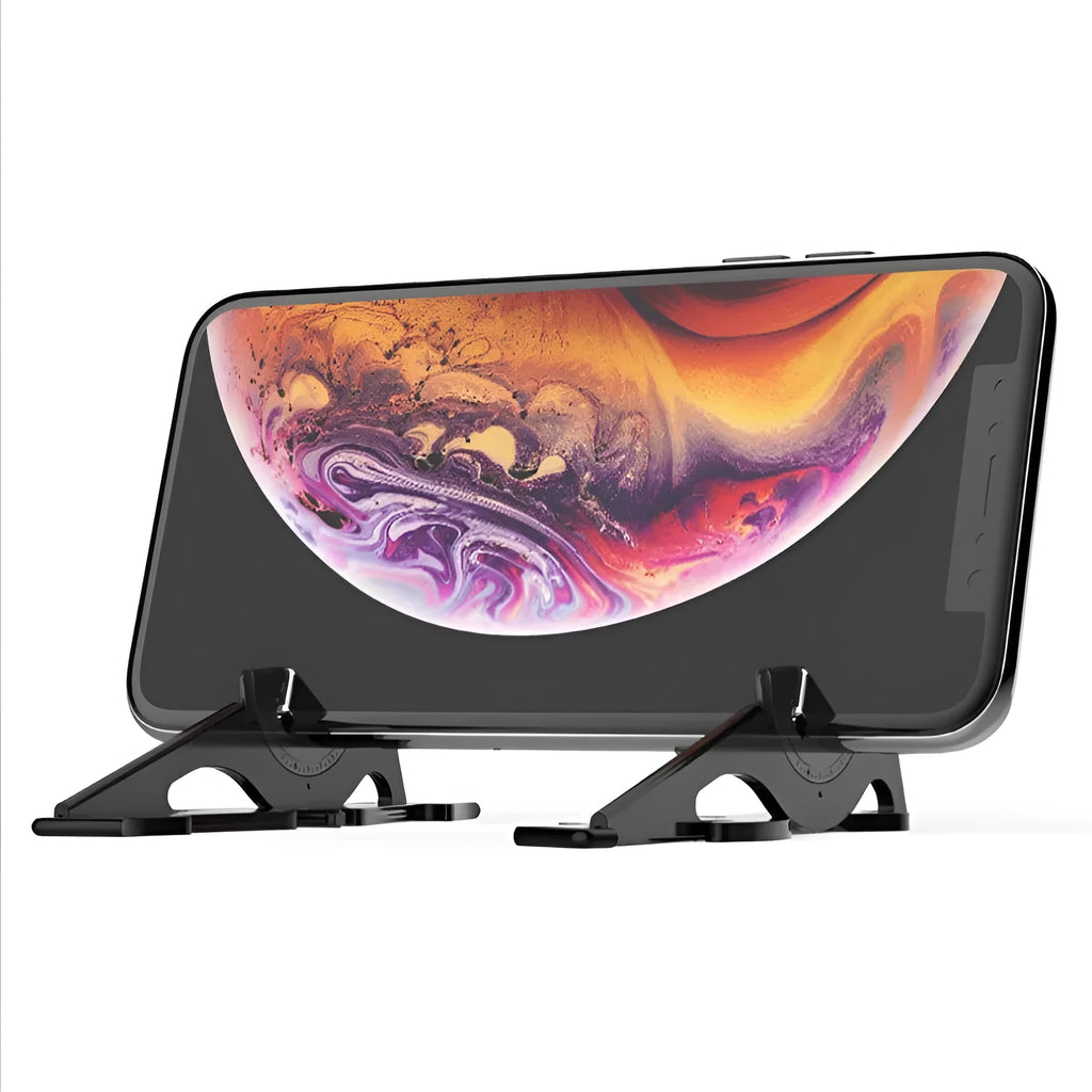 Black foldable ABS plastic mobile phone holder bracket stand on a desk