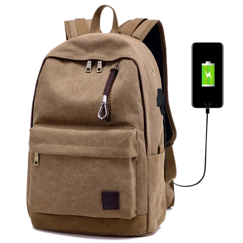 Canvas backpack with USB charging port and shoulder straps in khaki colour.
