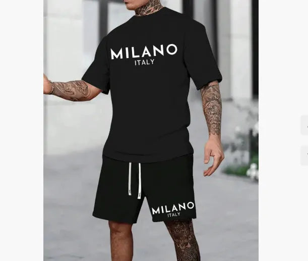 Men's polyester short sleeve suit set with round neck pullover top and matching shorts in multiple colours