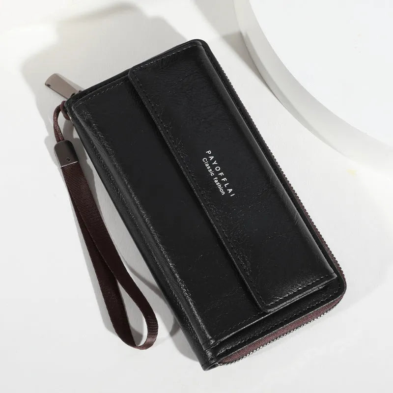 Men's black PU leather long wallet with multiple card slots showing 19 cm length