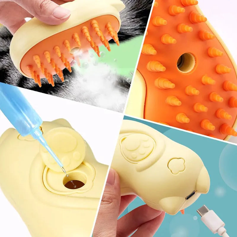 3-in-1 cat steamy brush with self-cleaning steam function for pet hair removal