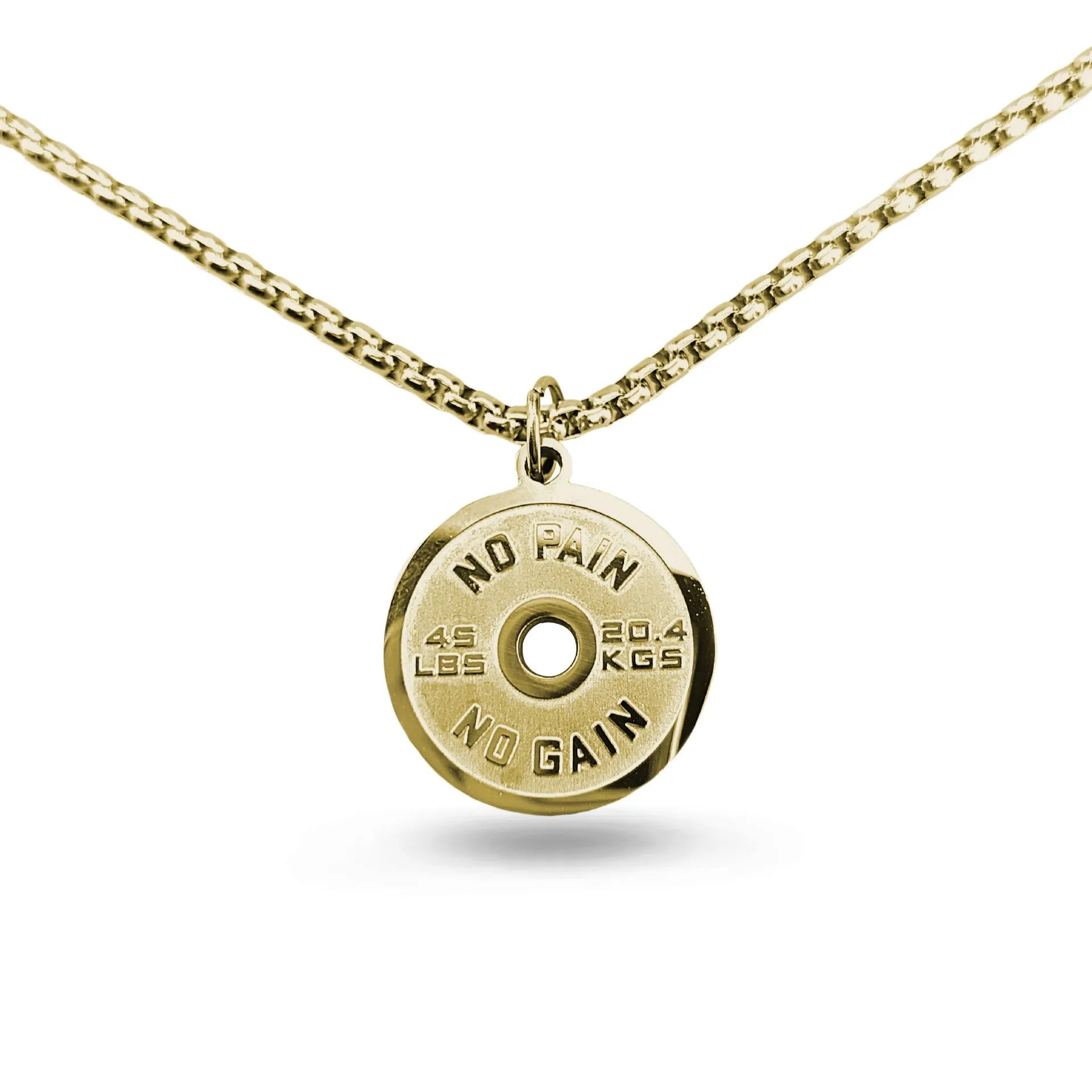 Geometric stainless steel barbell disc necklace with 60cm chain options on jewellery display