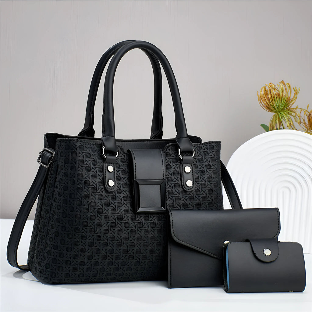 Three-piece textured PU women's crossbody shoulder bag in square vertical shape, shown in light blue colour