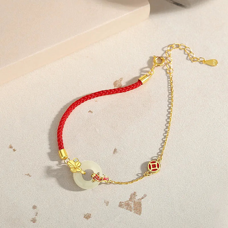 Koi Peace Buckle Hetian Jade Red Rope Bracelet with gold clasp on 925 silver