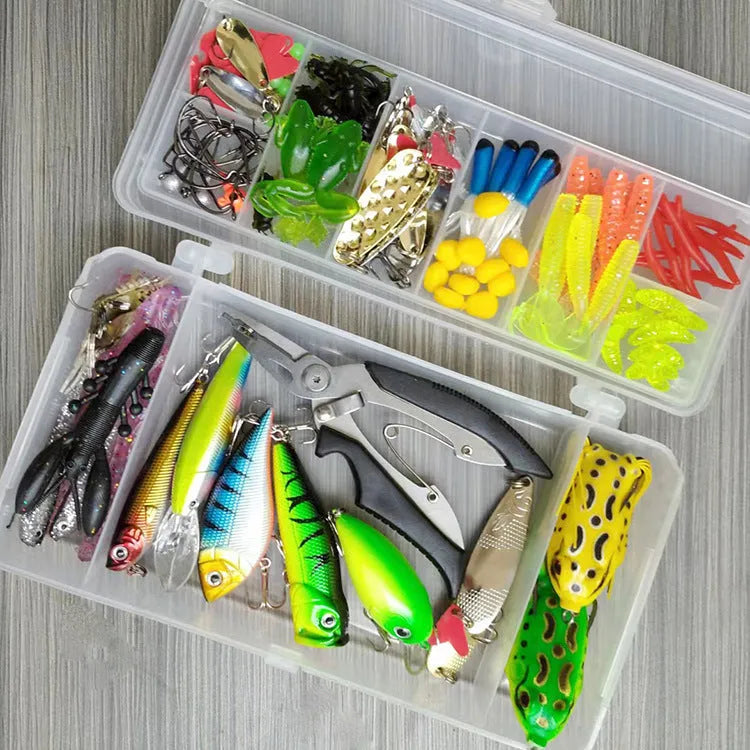 Hard Mino fishing lure set with 142 pieces including sequin lures and fishing pliers