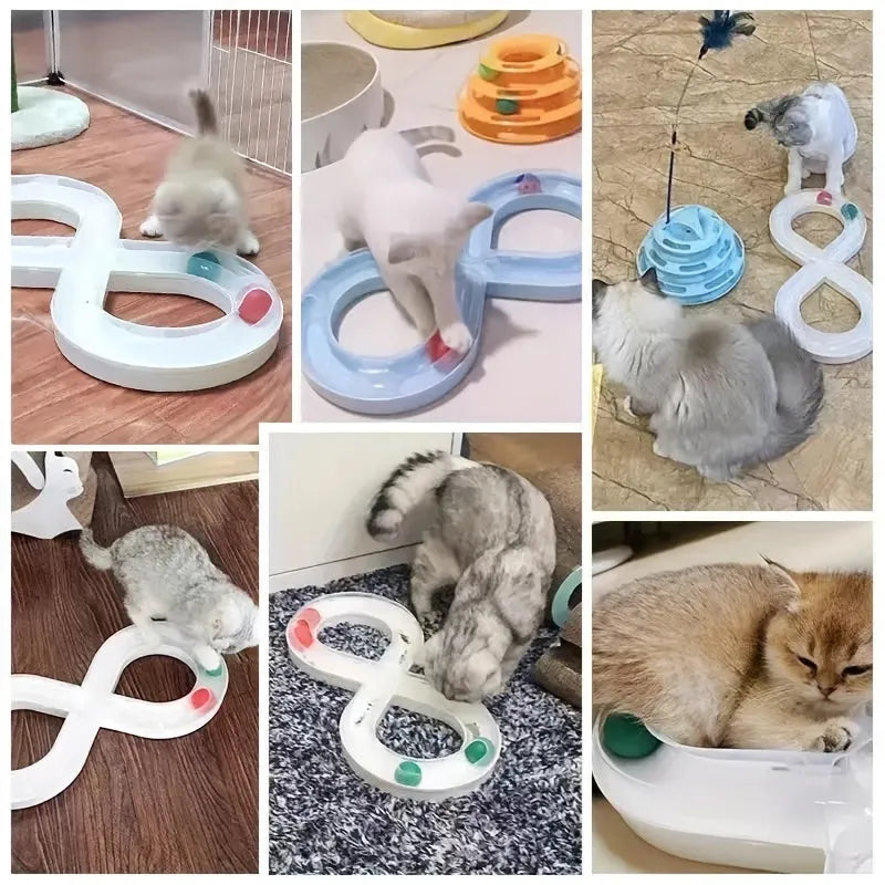 Blue and white cat toy turntable track with ball and teasing stick measuring 50cm length