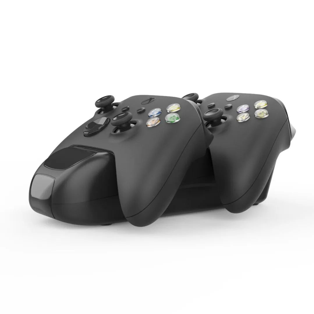 Black Xbox Series X dual controller charging station with LED lights and Type-C cable
