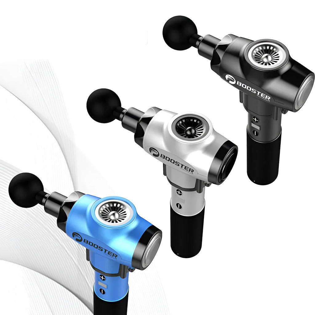 Black and white electric percussion massage gun for muscle relaxation on a grey background.