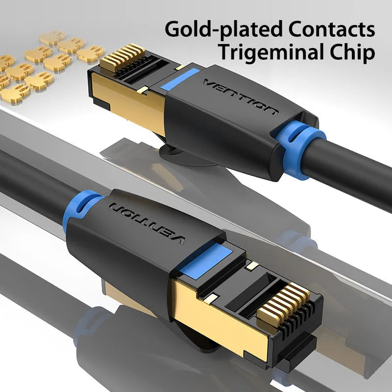 CAT8 shielded flat and round Ethernet network cables in various lengths from 0.5m to 10m with gold RJ45 connectors.