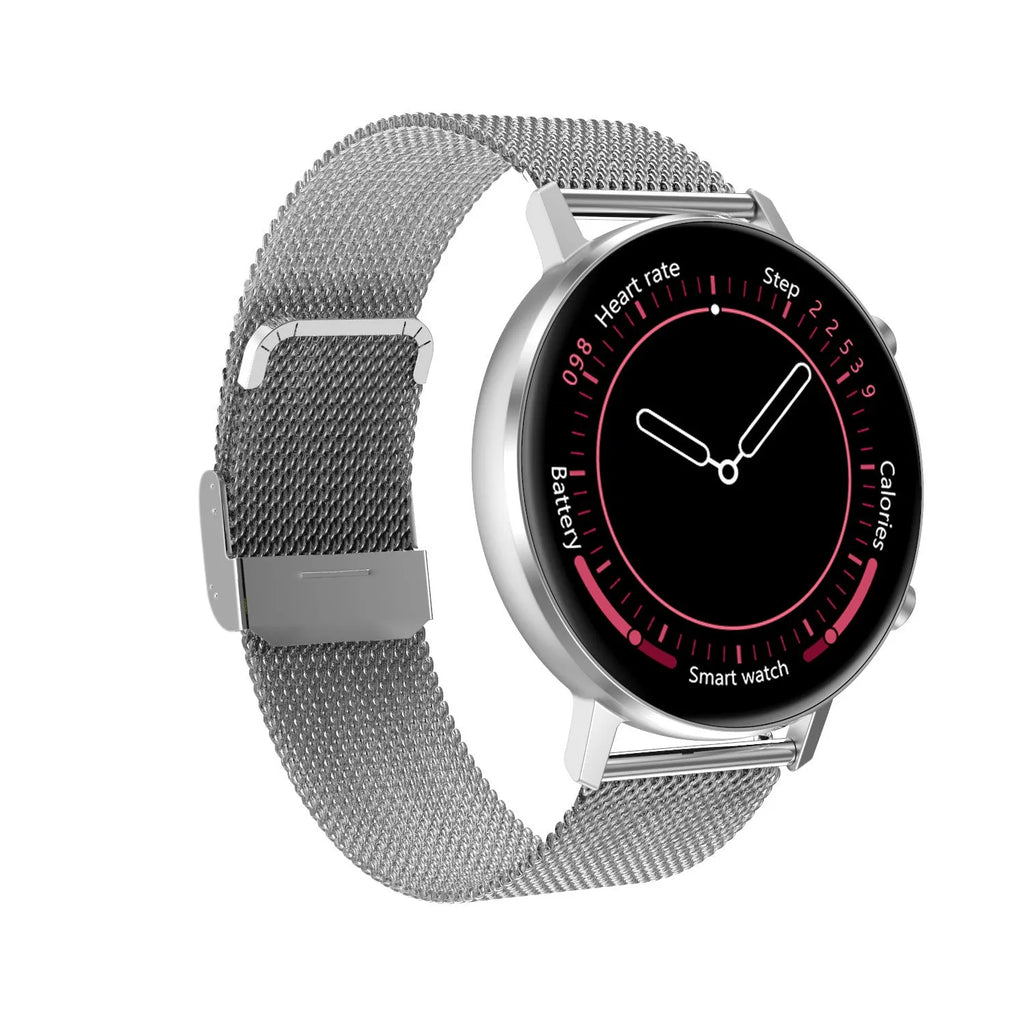 DT96 smart fitness bracelet with steel strap on wrist, showing 1.3 inch screen displaying time.