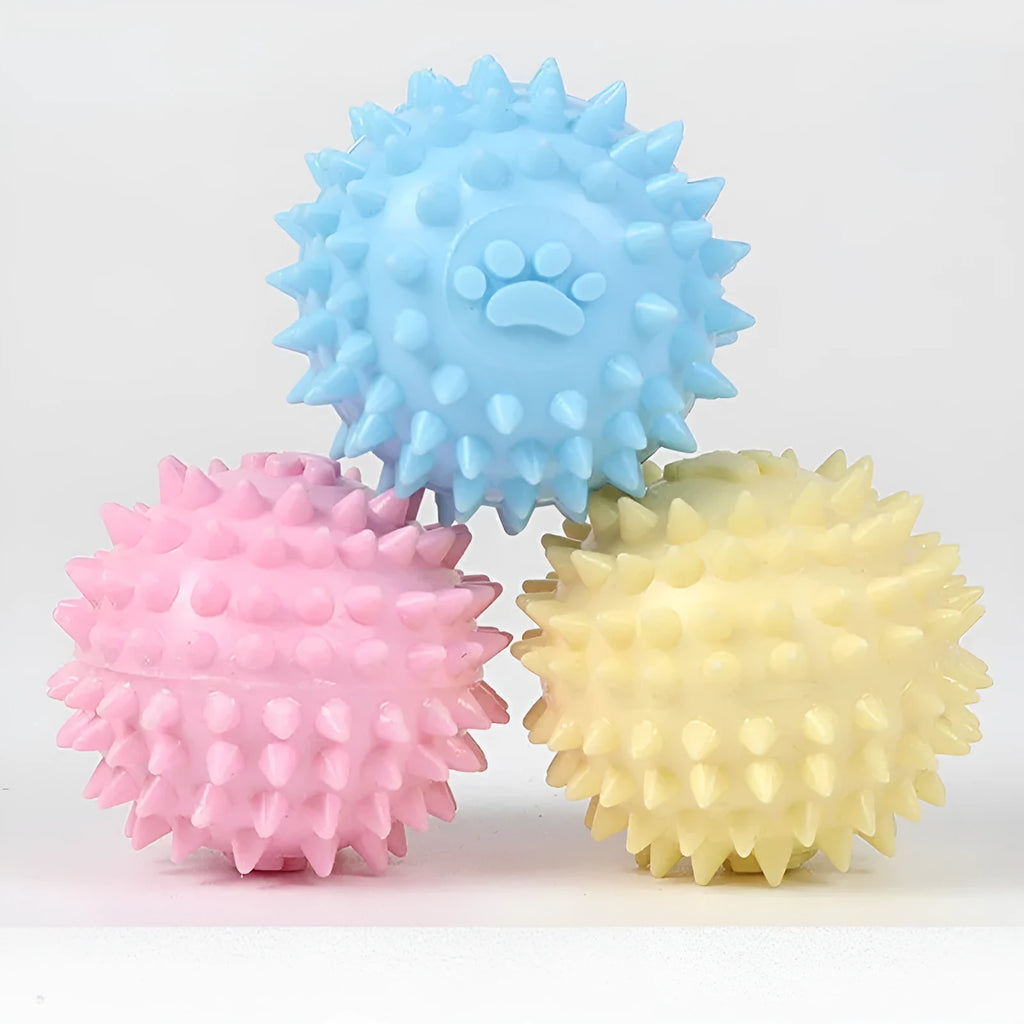 Blue TPR pet chewing ball with footprint texture and tooth-cleaning ridges measuring 6cm diameter