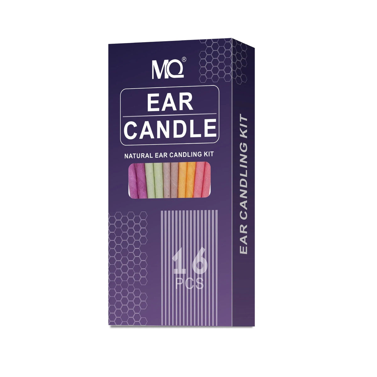 Horn-shaped ear candle set with 16 cotton candles, 8 protection boards, and 16 swabs in eight colour variations