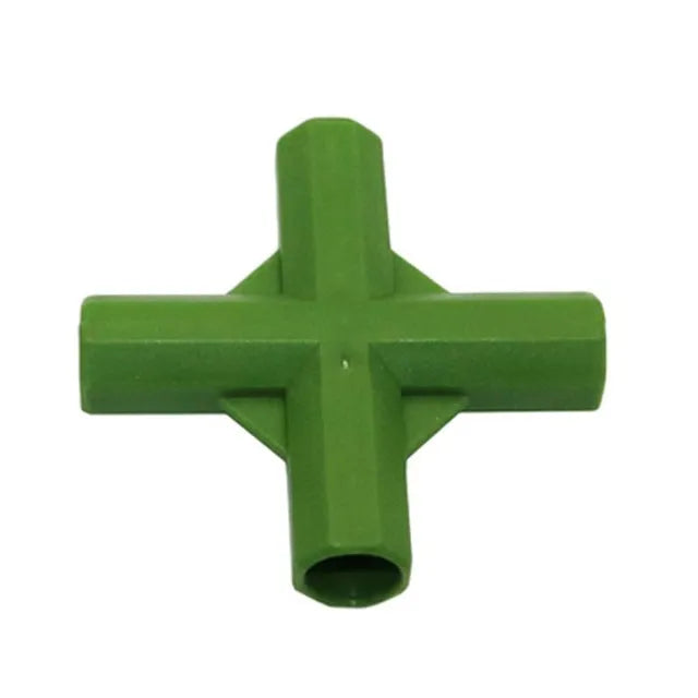 White PP plastic 3-way and 4-way garden plant support connectors for 11mm stakes.