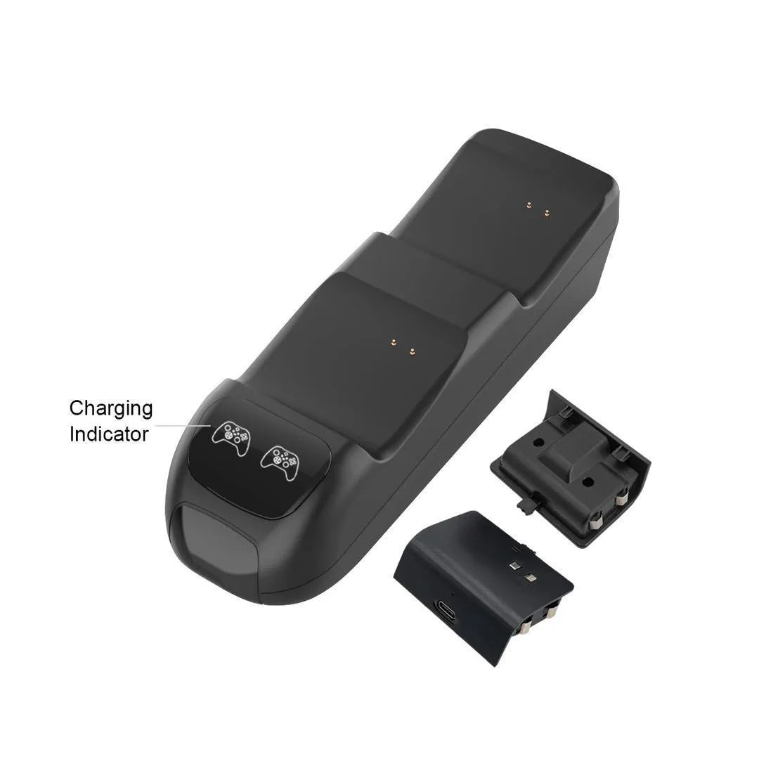 Black Xbox Series X dual controller charging station with LED lights and Type-C cable
