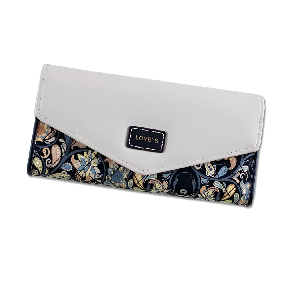 Women's large capacity black PU leather student wallet with buckle and clip, shown open.