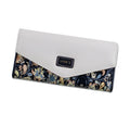 Women's large capacity black PU leather student wallet with buckle and clip, shown open.
