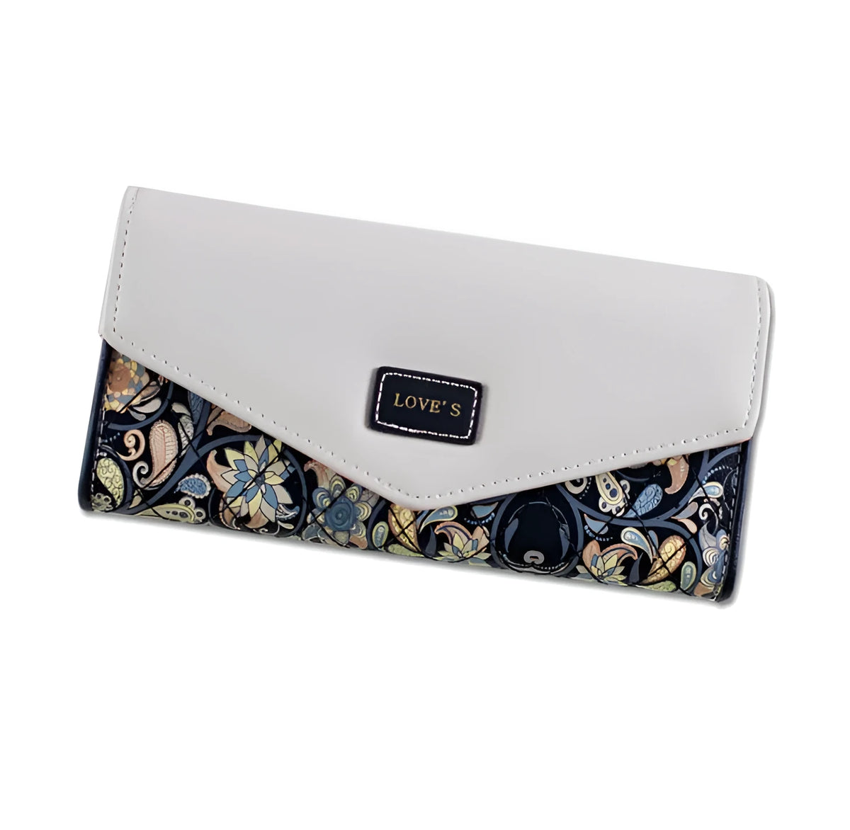 Women's large capacity black PU leather student wallet with buckle and clip, shown open.