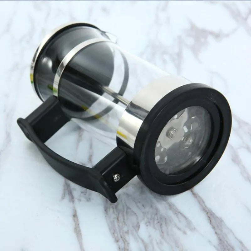 Glass and stainless steel manual coffee maker measuring 10cm wide, 8cm deep, 17cm tall with 350ml capacity.