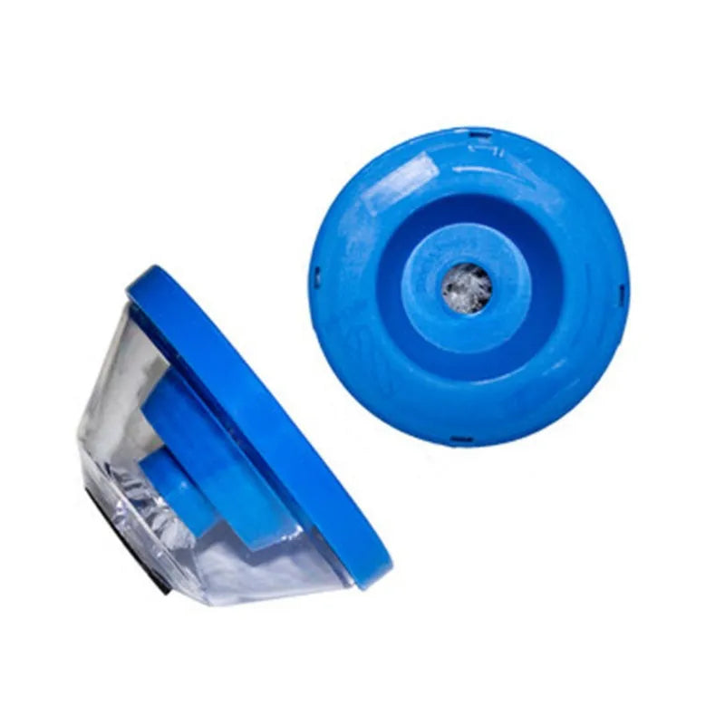 Blue electric drill dust cover accessory for collecting debris when drilling holes.